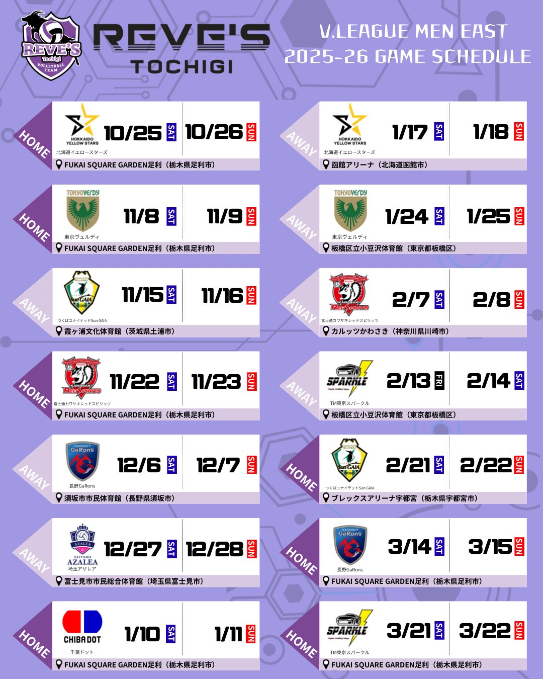 V. LEAGUE MEN　東地区　レギュラーシーズン　レーヴィス栃木 ゲームスケジュール