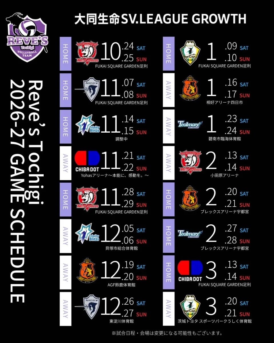 SV.LEAGUE GROWTH　レギュラーシーズン　レーヴィス栃木 ゲームスケジュール