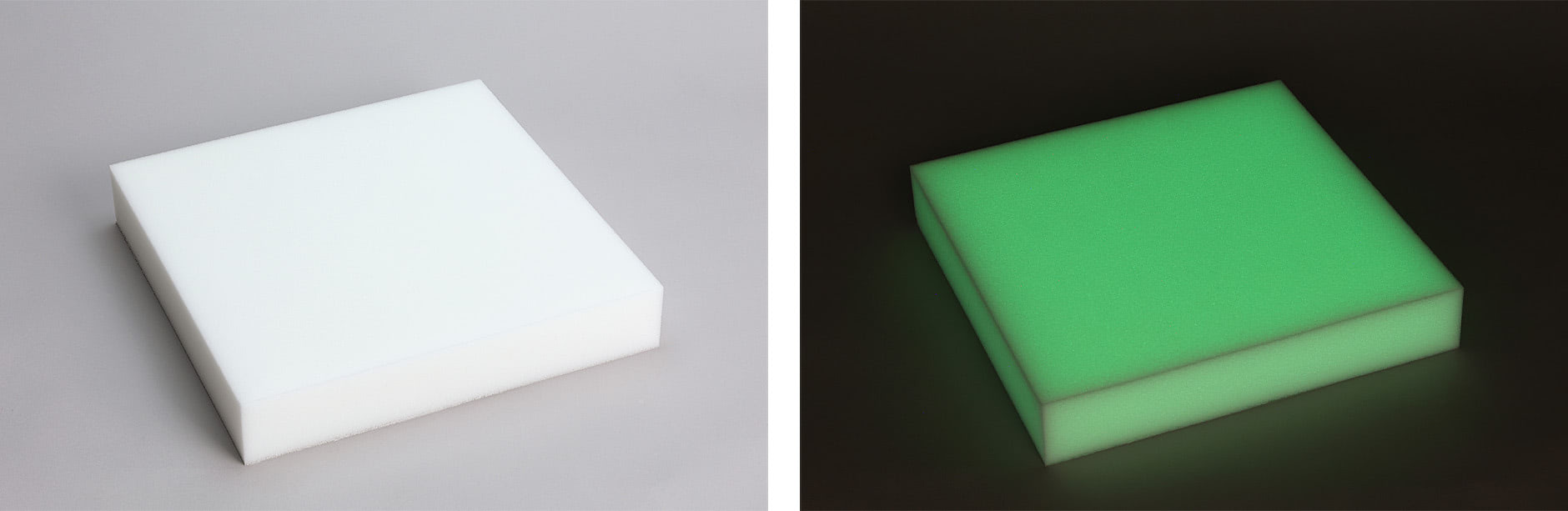 写真:『ルミナイト™』明所での状態(左)→暗所での発光状態(右)