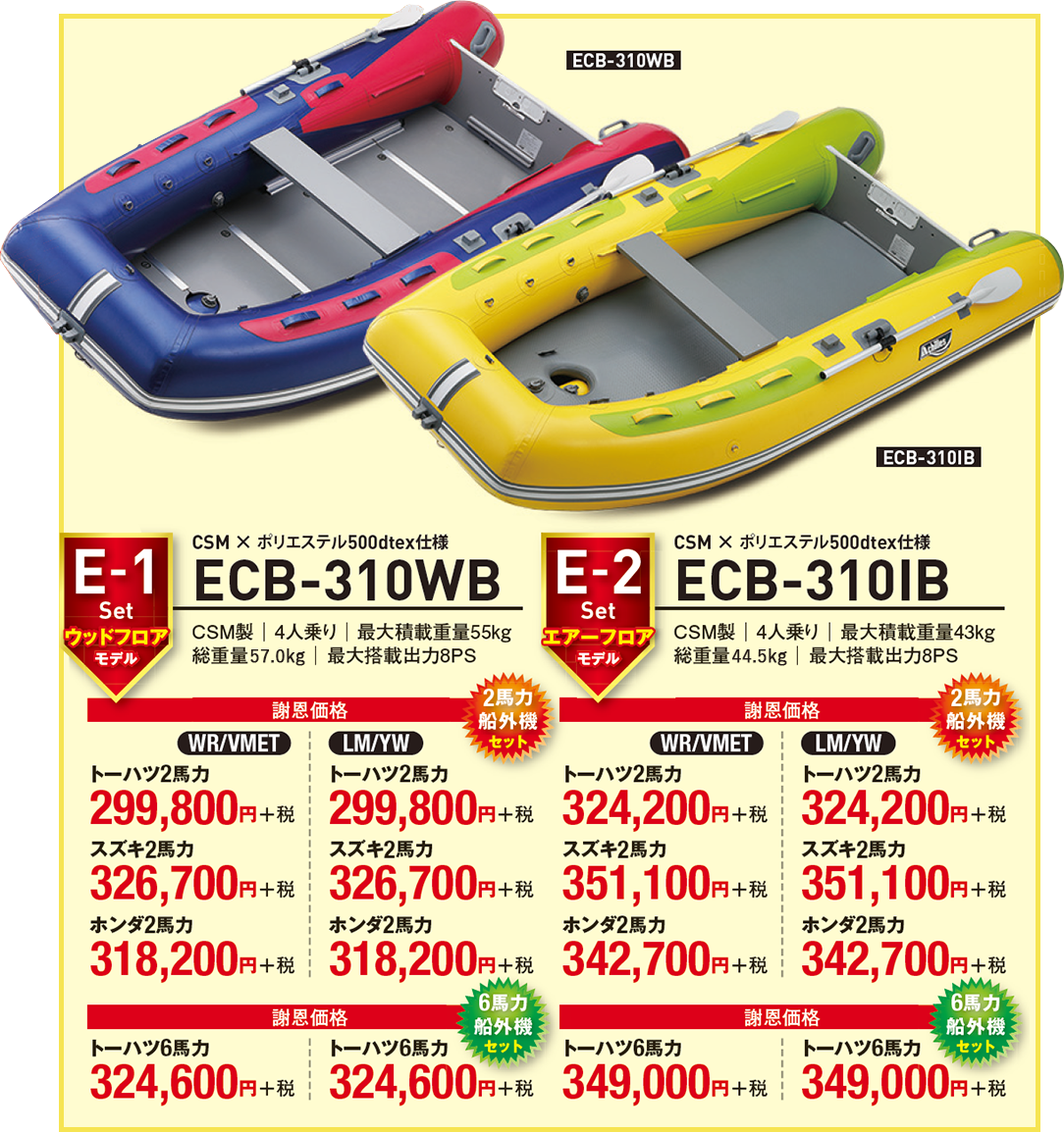 E-1 set Limited model ECB-310WB 「2馬力船外機セット価格：トーハツ4スト2馬力セット（純正オイル0.45ℓ付き）299,800円＋税／スズキ4スト2馬力セット(純正オイル1.0ℓ付き）326,700円＋税／ホンダ4スト2馬力セット（純正オイル0.2ｍℓ付き）318,200円＋税」「6馬力船外機セット価格：トーハツ4スト6馬力セット(別タンク仕様)(純正オイル0.45ℓ付き)324,600円＋税」E-2 set Limited model ECB-310IB「2馬力船外機セット価格：トーハツ4スト2馬力セット（純正オイル0.45ℓ付き）324,200円＋税／スズキ4スト2馬力セット(純正オイル1.0ℓ付き）351,100円＋税／ホンダ4スト2馬力セット（純正オイル0.2ｍℓ付き）342,700円＋税」「6馬力船外機セット価格：トーハツ4スト6馬力セット(別タンク仕様)(純正オイル0.45ℓ付き)349,000円＋税」